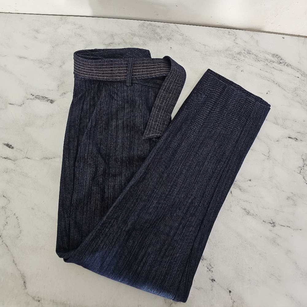 DKNY High Waisted Belted Paperbag Straight Leg Denin Blue Pant Pinstripe 2 - Picture 5 of 9